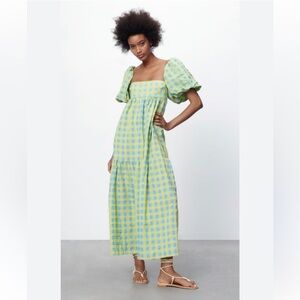 Zara Blogger Fave Blue and Yellow Puff Sleeve Gingham Check Maxi Dress XS